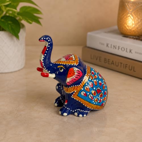 Image of eCraftIndia Handcrafted Blue Decorative Elephant Showpiece for Home Decor, Traditional Hand-Painted Elephant Figurine, Lucky Feng Shui Elephant Statue for Living Room, Office & Gift Purpose