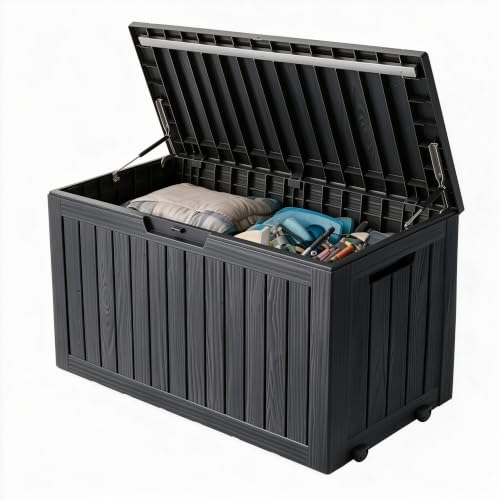 Image of 92 Gal Deck Box,Waterproof Resin Outdoor Storage Gas Lift,Lockable Black