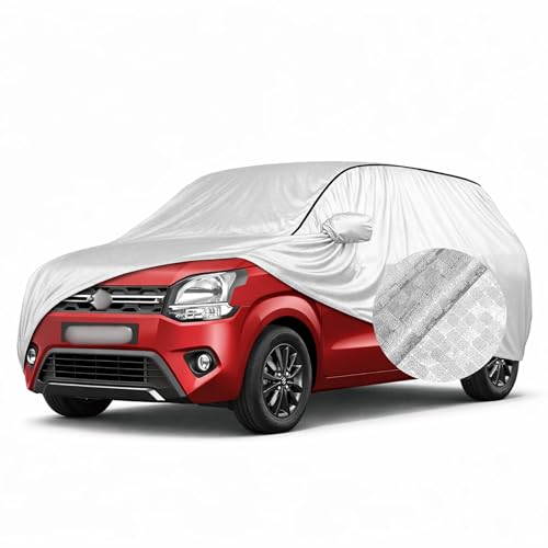 Image of SEAZEN Waterproof Car Cover for Maruti Suzuki WagonR | Dustproof, UV & Scratch Resistant Soft Cotton Lining | Triple Stitched, Mirror Pockets & Elastic Hem | Metallic Silver with Black Piping