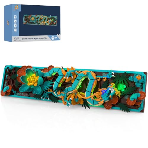 Brihappen Mythic Dragon Tiles Building Blocks Set with LED Lights, Divine Loong 3D Wall Art Building Toys 170019 with Flowers, 1676 Pcs Dragon Relief DIY Model Kit for Adult, Creative Gifts & Decor