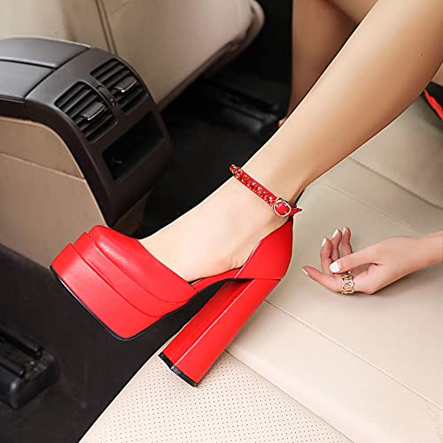 Womens Double Platform Block Heels Pumps Ankle Strap Evening Dress Pumps2
