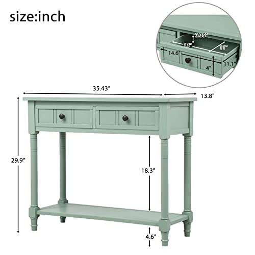 Console Table, Solid Wood Entryway Table Buffet Sideboard With 2 Drawers & 1 Display Top Shelf & 1 Storage Bottom Shelf, Rustic Style Sofa Table For Hallway Bedroom Living Room, Green #TOP1