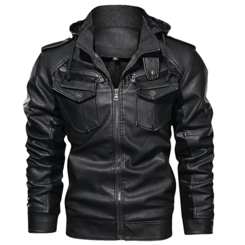 Men's Leather Jackets Winter Fleece Thick Hooded Motorcycle PU Coats Clothing Plus