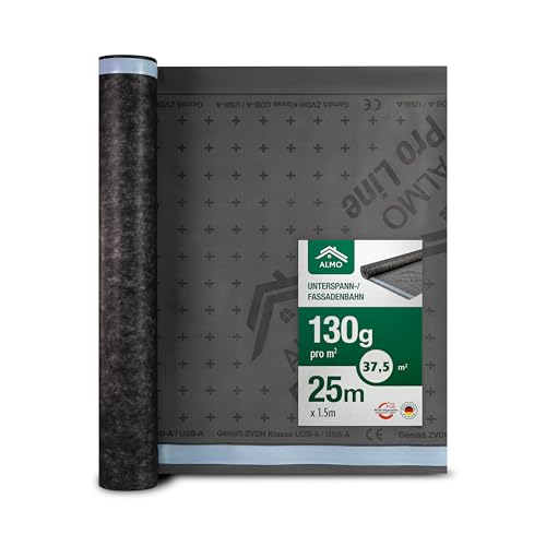 ALMO diffusionsoffene UV Unterspannbahn 37,5m² (1,5 x 25m), Fassadenbahn, 130g/m², Unterdeckbahn, wasserabweisend & UV-beständig mit integrierter Selbstklebenaht