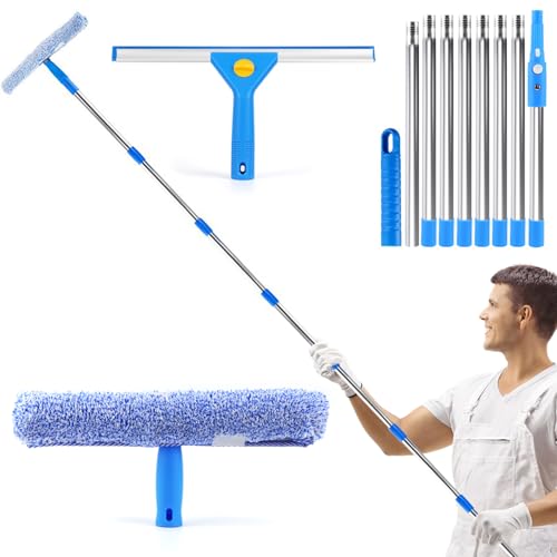Qcdou 3m Fensterputzer Set, 35cm Fensterabzieher und 36cm Fensterwischer als Kombi-Set, Langem Griff Profi Fensterreinigungsset Glaswischer für Glas Fenster Putzen, Dusche, Auto und Glastür Reinigung