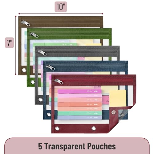 Image of Mr. Pen- Pencil Pouch for 3 Ring Binder, 5 Pack, 10 inchx7 inch, Smooth Zipper | Clear Window, Large Capacity Pencil Case with 3 Reinforced Grommets for School, Office, Supplies Storage | Clear Window, Large Capacity Pencil Case with 3 Reinforced Grommets for School, Office, Supplies Storage