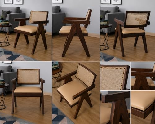 Image of Solid Wood Arm Chair with Cushion and Cane Back Support Chair Living Room Bedroom Home Wooden Armchair Furniture Garden Balcony Outdoor & Indoor (Walnut Finish)