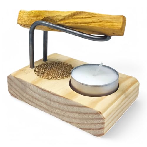 Quemador Artesanal en Madera Flor de la Vida para Palo Santo e Incienso | con Base para Vela de Té | Relajación, Aromaterapia y Meditación | Incluye Palo Santo y Velita