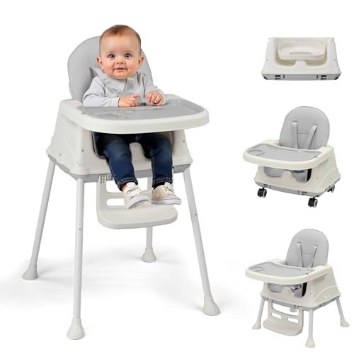 LALAHO Trona 3 en 1 para bebé, silla alta portátil de altura ajustable con bandeja extraíble de doble capa, arnés de seguridad de 5 puntos y ruedas de bloqueo para niños pequeños y bebés, color gris
