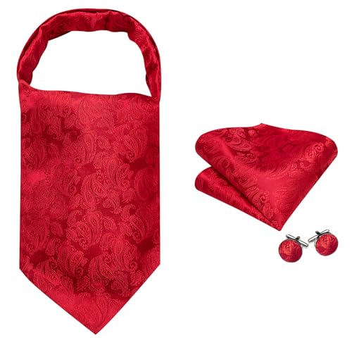 Image of Barry.Wang Ascot Ties Cravat Tie Men Paisley Plaid Scarf Self Tie Pocket Square Cufflinks Set Wedding Party