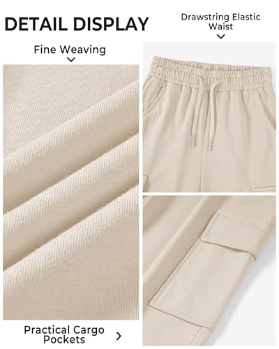BOOPH Girls Sweatpants Kids Drawstring Cargo Pants Teen Girls Wide Leg Baggy Joggers Pants with Pockets 10-11 Years Beige