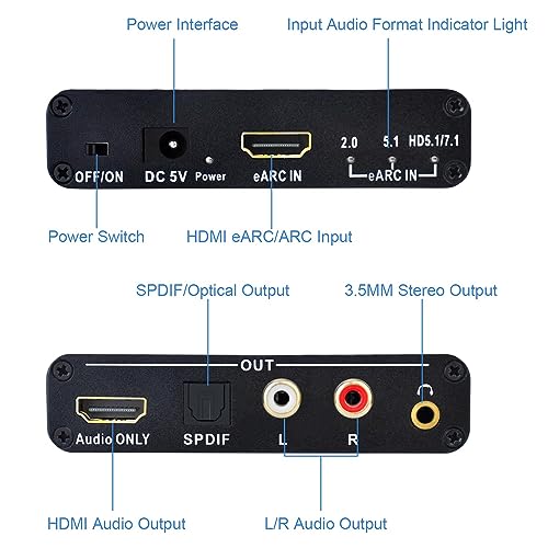 Image of MICROWARE 192KHz eARC /ARC Audio Converter, HDMI eARC /ARC Audio Extractor to HDMI, SPDIF /Optical, L /R or 3.5 mm Jack Stereo, Digital to Analog Aduio Converter
