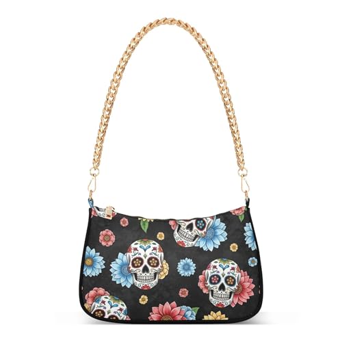 Ornate Skulls Colorful Floral Black Tote Handbags Womens Floral Shoulder Purses Zipper Classic Formal Purse Hobo with Chain Strap