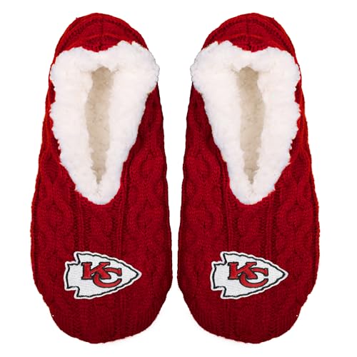 FOCO - Mens NFL Big Logo Cable Knit Womens Footy Slippers (Kansas City Chiefs US Footwear Size System Adult Women Alpha Medium One Size)