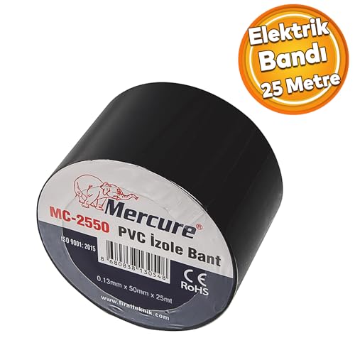Badem10 Elektrikçi Bandı Siyah İzole Elektirik Kablo Bant Bandı Pvc 0.13 mm Kalınlık 50 mm Geniş 25 Metre