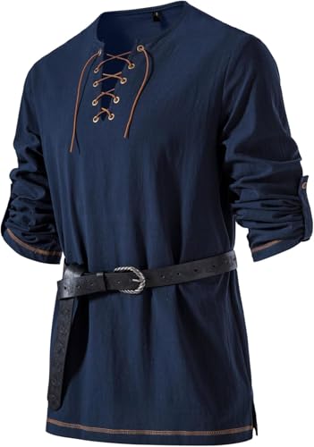 Camisas de Lino para Hombre Camisa Medieval con Cordones de Manga Larga Camisa Escocesa Ghillie Traje de Pirata Vikingo Renacentista sin Cinturón