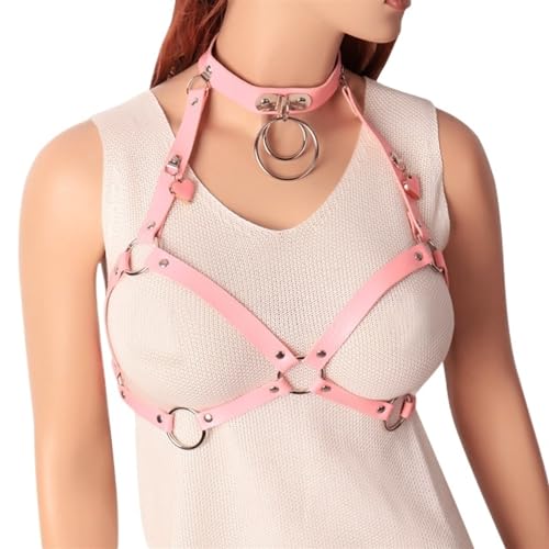 Punk Pink Leather Harness Women Fashion Goth Top Harness Belt Body Bondage Chest Straps Sexy Lingerie (Color : PG0384, Size : One Size)2