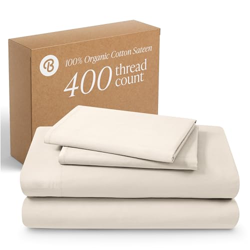 Bare Home 100% Organic Cotton Queen Sheet Set - 400 Thread Count - Smooth Sateen Weave - Breathable & Cooling - Hotel Luxury Set - Deep Pocket Bed Sheets (Queen, French Beige)