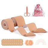 Oiomniv Boob Tape Set for Large Breasts A-G Cup, 2 Rolls 5M Stretchable Self-Adhesive Boobtape for Breast Lift & Support, 2 Nipple Covers, Waterproof, Skin-Friendly, Perfect for Stick on Bra