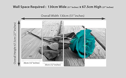 Large Black White Teal Rose Floral Canvas Wall Art Pictures On Grey Xl Split Set - Big Modern Flower Prints - Multi Panel Turquoise Artwork - Xl - 130 Cm Wide #TOP3