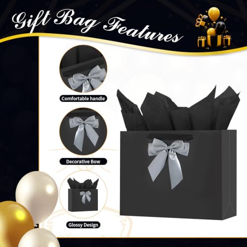 Image of 13 inch Black Bags with Handles, Birthday Gift Bag Set - 2 Gift Bag with Bow, 4 Tissues & Greeting Card for Men Women,Gift Bags Medium size(2 PCS Black Glossy)