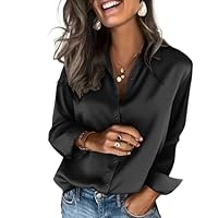 Chemise Boutonnée en Satin à Manches Longues pour Femme - Chemisier en Soie Chic et Elegant - Col en V - Style Décontracté pour Le Travail et Le Bureau - Tunique d'automne Cadeau Noël,Noir,M,f04r