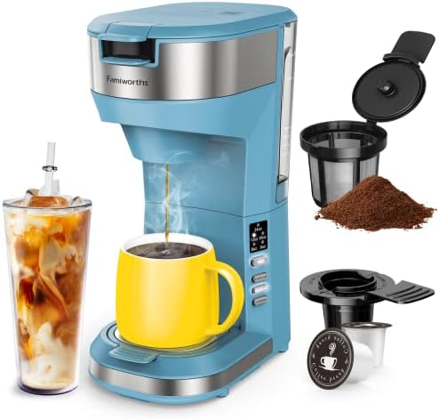 Hot and Iced Coffee Maker for K Cups and Ground Coffee, 4-5 Cups Coffee Maker and Single-serve Brewers, with 30Oz Removable Water Reservoir, 6 to 24Oz Cup Size, Pot and Tumbler Not Included, Blue
