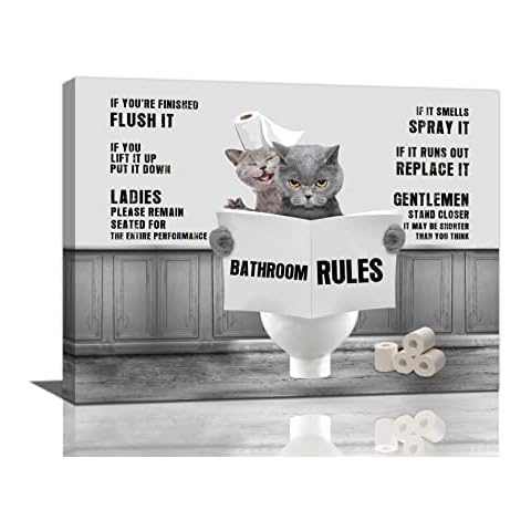 Yudchen Cat Bathroom Wall Art Funny Cats in Toilet Pictures for Rules Canvas Print Painting Black and White Decor Farmhouse Framed Artwork Ready to Hang 12''x16'' Cover