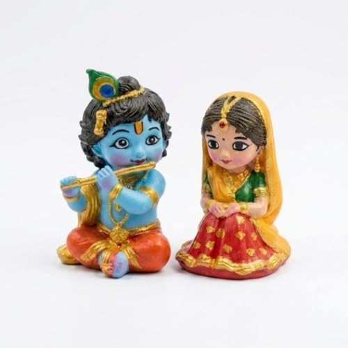 Image of Miniature Radha Krishna Pair Showpiece - Small Resin Cute Bal Gopal and Radha Rani Doll Set for Living Room Decoration, Janmashtami Decor, Navratri Golu & Wedding Return Gifts