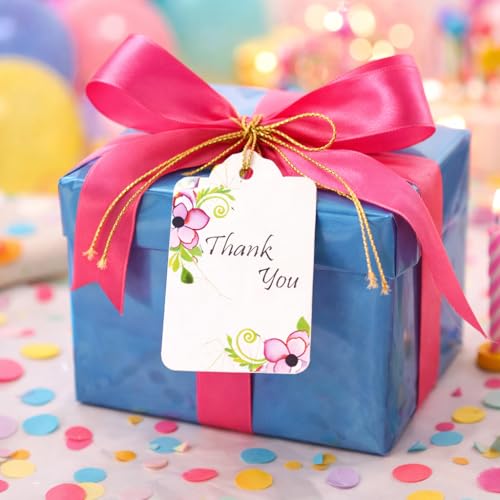 Image of CVANU Floral Thank You Gift Tags (Set of 150), Elegant Flower Design (D8) Hanging Tags with Gold String for Wedding Return Gifts & Small Business Packaging (2.85 x 1.7 Inch)