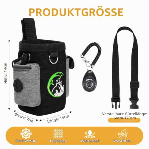 Adiwo Leckerlitasche für Hunde, Hunde Leckerlibeutel und Training-Clicker, wasserdichte Freihändige Hundeleckerlitasche mit Kotbeutelspender Mehreren Taschen,Gürteltasche für Hundespaziergang,Schwarz
