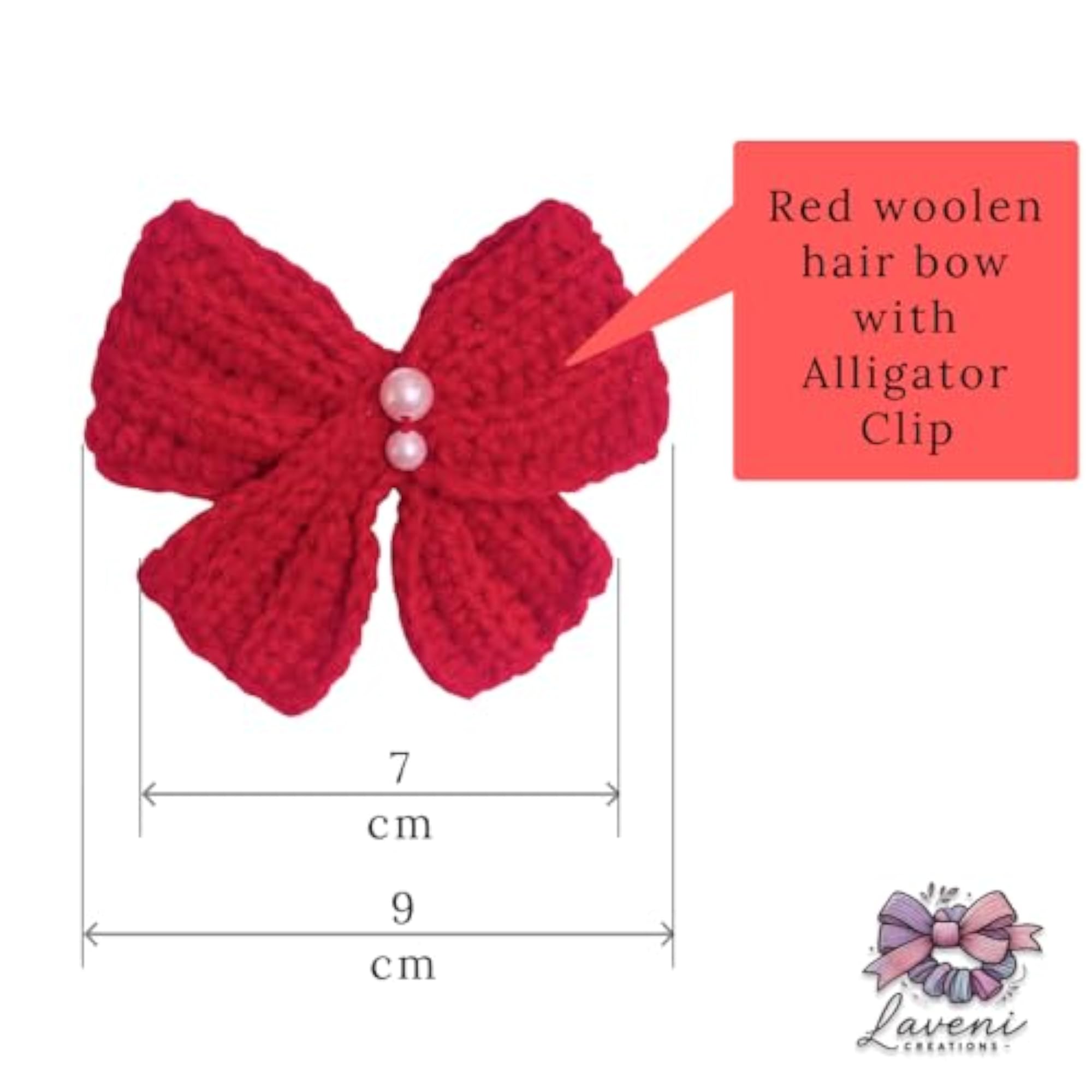 Red Woollen Hair Bow with Pearl Beads for Girls