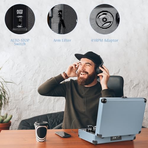 Image of Vinyl Record Player 3-Speed Bluetooth Suitcase Portable Belt-Driven Record Player with Built-in Speakers RCA Line Out AUX in Headphone Jack Vintage Turntable Haze Blue