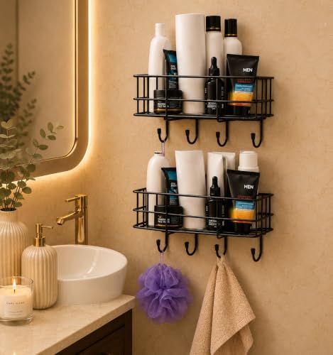 Image of Oslen (Pack of 2) Self-Adhesive Multipurpose Bathroom Shelf | Wall Mounted Bathroom Rack Organizer | No Drill Storage Shelf for Bathroom & Kitchen | Bathroom Accessories Set for Home | Black
