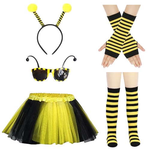 TYXHXTF 7PCS Disfraz Abeja Niñas, Disfraz de Abeja con Gafas de Abeja, Diadema Pierna Mangas Guantes Largos Falda de Tul para Cosplay Carnaval Fiesta Temática