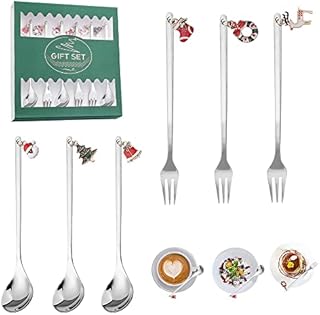 BUZIFU 6 Pcs Christmas Coffee Spoons Forks Set, 3 Stainless Steel Stirring Spoon Tea Spoon with 3 Christmas Dessert Forks Fruit Forks Cake Fork for Christmas Party Tableware Decorations, Gift Packing