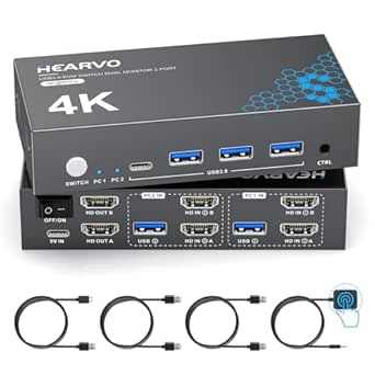 Hearvo HDMI KVM Switch 2 Monitors 2 Computers, USB 3.0,4K@60Hz KVM Switches Sharing of Dual Monitors Keyboard Mouse and Printer Between 2 Computers，with EDID，2 USB Cables and Controller -S7232H2