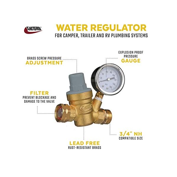 Valterra Water Regulator, Lead-Free Brass Adjustable Water Regulator with Pressure Gauge for Camper, Trailer, RV Plumbing System - Image 3