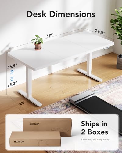 Image of HUANUO 60 x 30 inch Large Standing Desk, Powerful Brushless Motor Large Height Adjustable Table, 4 Memory Preset Stand Up Work Station Sit Stand Desk, Home Office with Thick T-Shaped Frame,White