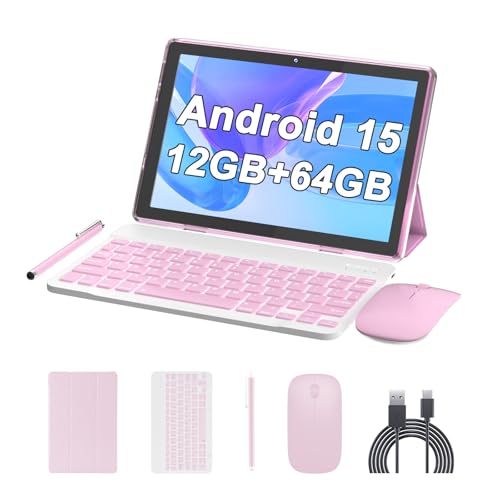 Image of ATOZEE 10 Inch Tablet Android 15 Tablets 2 in 1 Tablet with Keyboard 12GB RAM+64GB ROM(Supports 1TB Expansion) Tableta 2MP+8MP Camera 6000mAh Battery Mouse /Case /Stylus 5G WiFi-6 10.1 inch Android Tablets