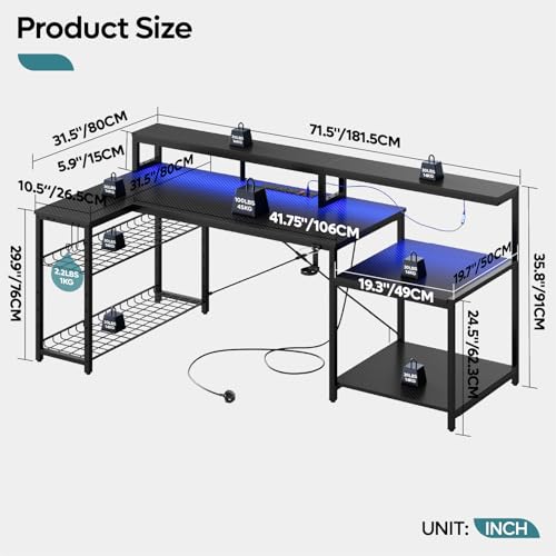 Bestier 181CM L-Shaped Gaming Desk with RGB LED Lights, Power Outlets, USB Ports, Carbon Fibre Surface, Monitor Stand, Storage Shelf, Cup Holder & Headset Hook - Image 4