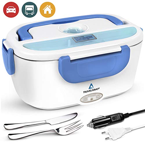 TRAVELISIMO Fiambrera Electrica 2 en 1 para Coche/Camión y Trabajo 220V & 12V 40W, Tartera Termo Comida Caliente Acero Inoxidable 1.5L, Taper con Tenedor y Cuchillo Incluidos y 2 Compartimentos (Azul)