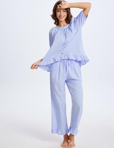 Image of Gihuo Gingham Pajama Set for Women 2 Piece Plaid Cotton Button Down Top and Pants Ruffle Babydoll Pjs Lounge Sets