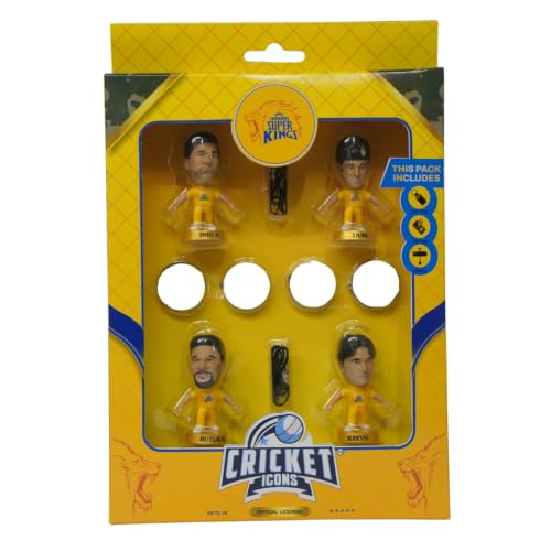 Image of Chennai Super Kings Action Figures with Keychain, Velco Sticker & Car Hanging Mirror String - Pack of 4, IPL Edition, Colletables with 360 Rotatable Heads, for Cricket Fans & Collectors