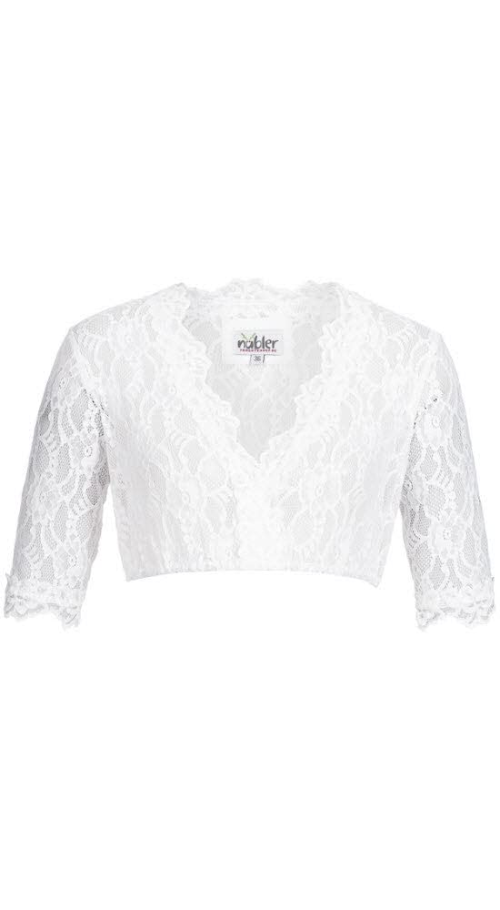 Nübler Dirndlbluse Damen Laura - Kurzarm Trachtenbluse mit Spitze & V-Ausschnitt - Weiß, Elegante Tracht im Landhaus Stil - Hochwertige Qualität, formbeständig & angenehm