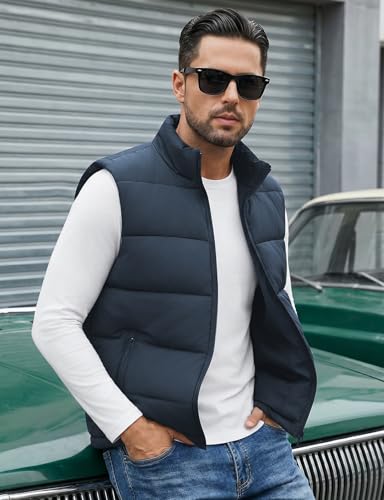 Image of WHN Men's Casual Puffer Vest Lightweight Full Zip Up Work Sleeveless Jacket Stand Collar Outerwear with 3 Pockets