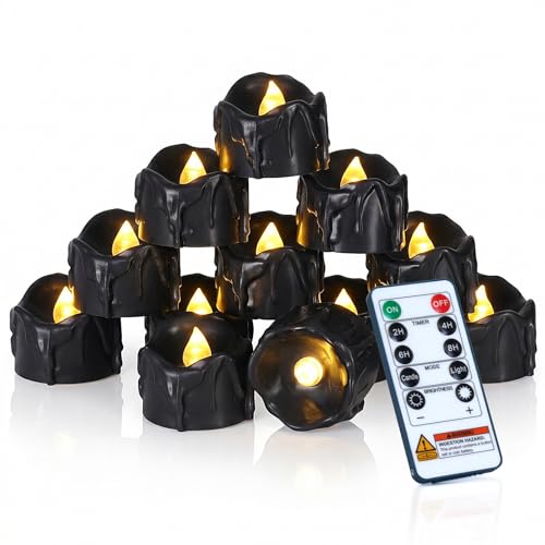 Image of Homemory 24-Pack Black Remote Flameless Battery Tea Light Candles, 400+Hrs | 2 /4 /6 /8H Timer LED Flickering Tealight Votives for Jack O Lanterns, Spooky Parties, Gothic Weddings and Romantic Nights