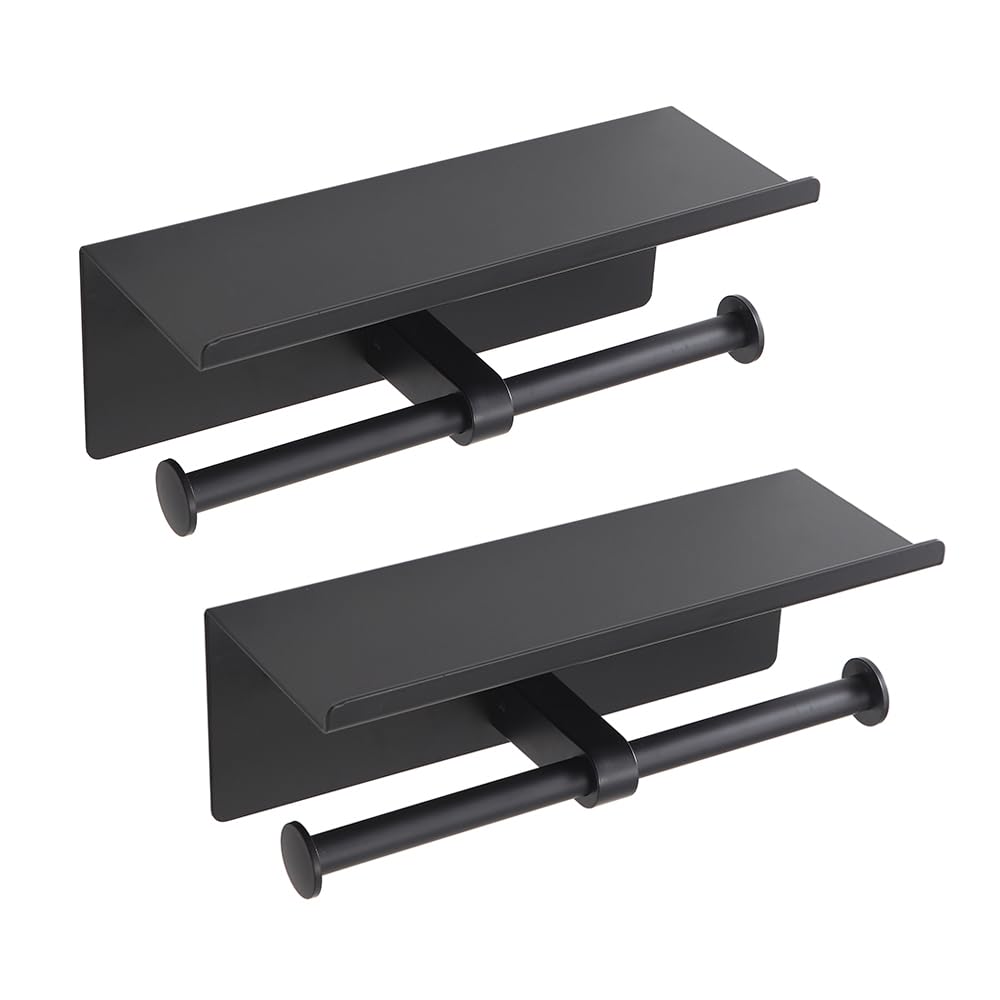 Black Toilet Paper Roll Holder with Shelf Wall Mounted for Bathroom (Black, 2 Pack)