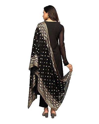 Image of FIORRA Women's Balck Crepe A-line Kurta with Pant and Dupatta
