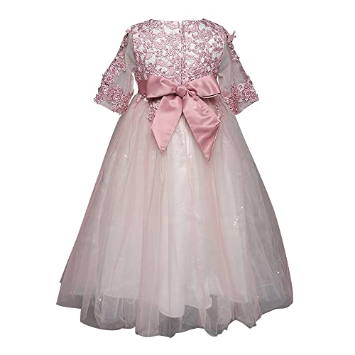 Image of Hopscotch Girls Midi Length Cotton and Polyester Floral Embellished 3 /4th Sleeve Party Dress in Pink Color